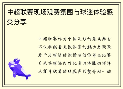 中超联赛现场观赛氛围与球迷体验感受分享